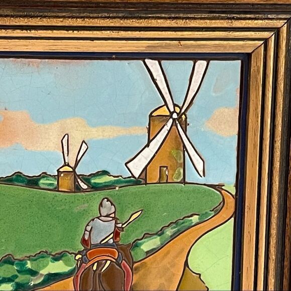 Antique Framed Don Quixote Sancho 8” Enameled Clay 8” Square Tiles Custom Framed - Picture 8 of 16
